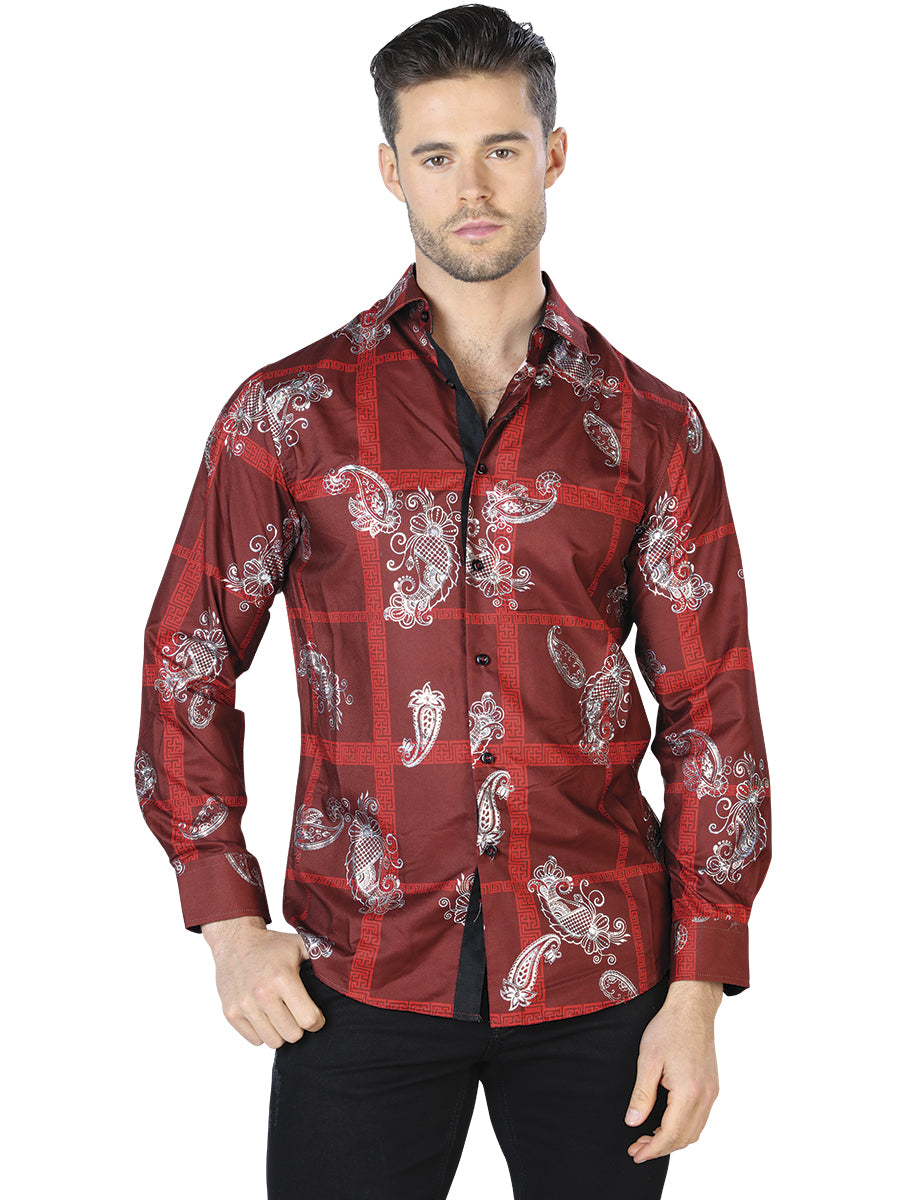 Wine And Silver Casual Long Sleeve Shirt 44027