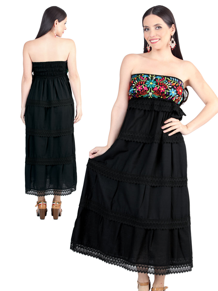 Artisanal Embroidered Dress 100% Cotton Black 604000