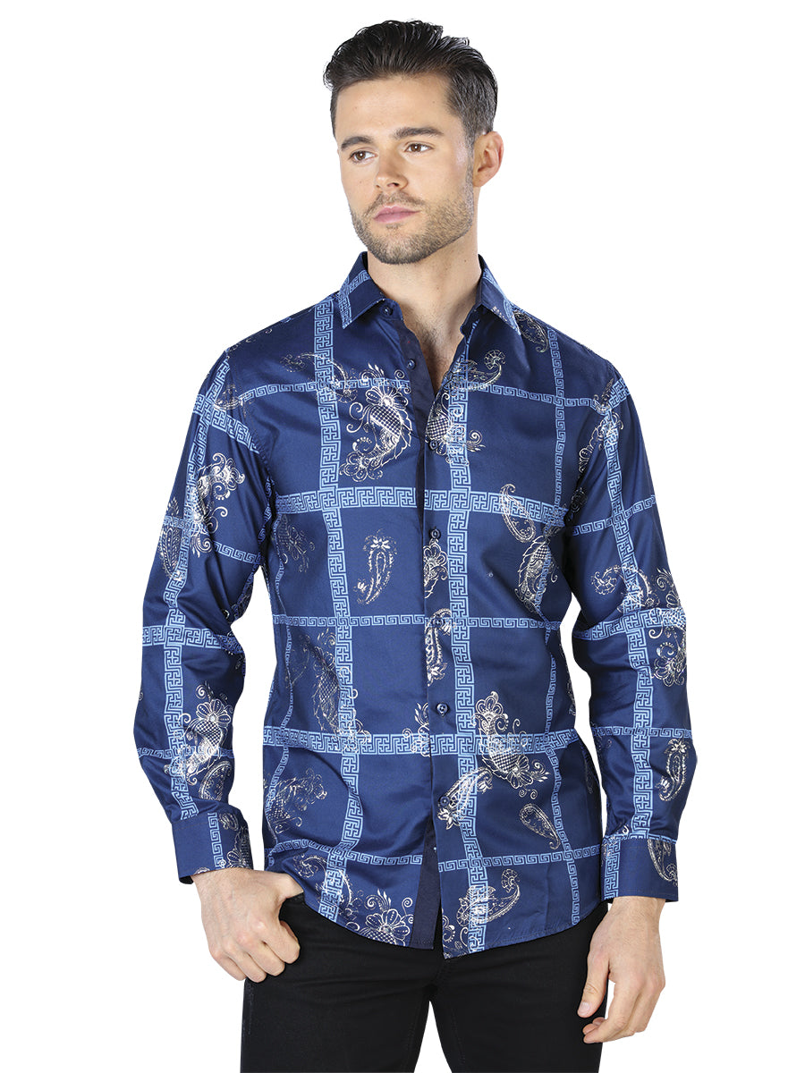 Navy And Silver Casual Long Sleeve Shirt 44026