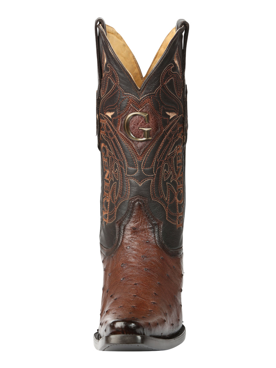 El General Men's Exotic Ostrich Leather Cowboy Boots - Brown 45076