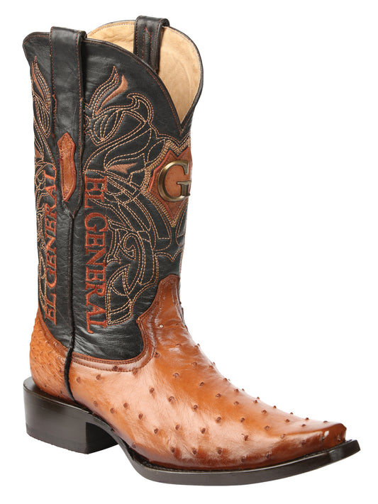 El General Men's Exotic Ostrich Leather Cowboy Boots - Cognac 45077