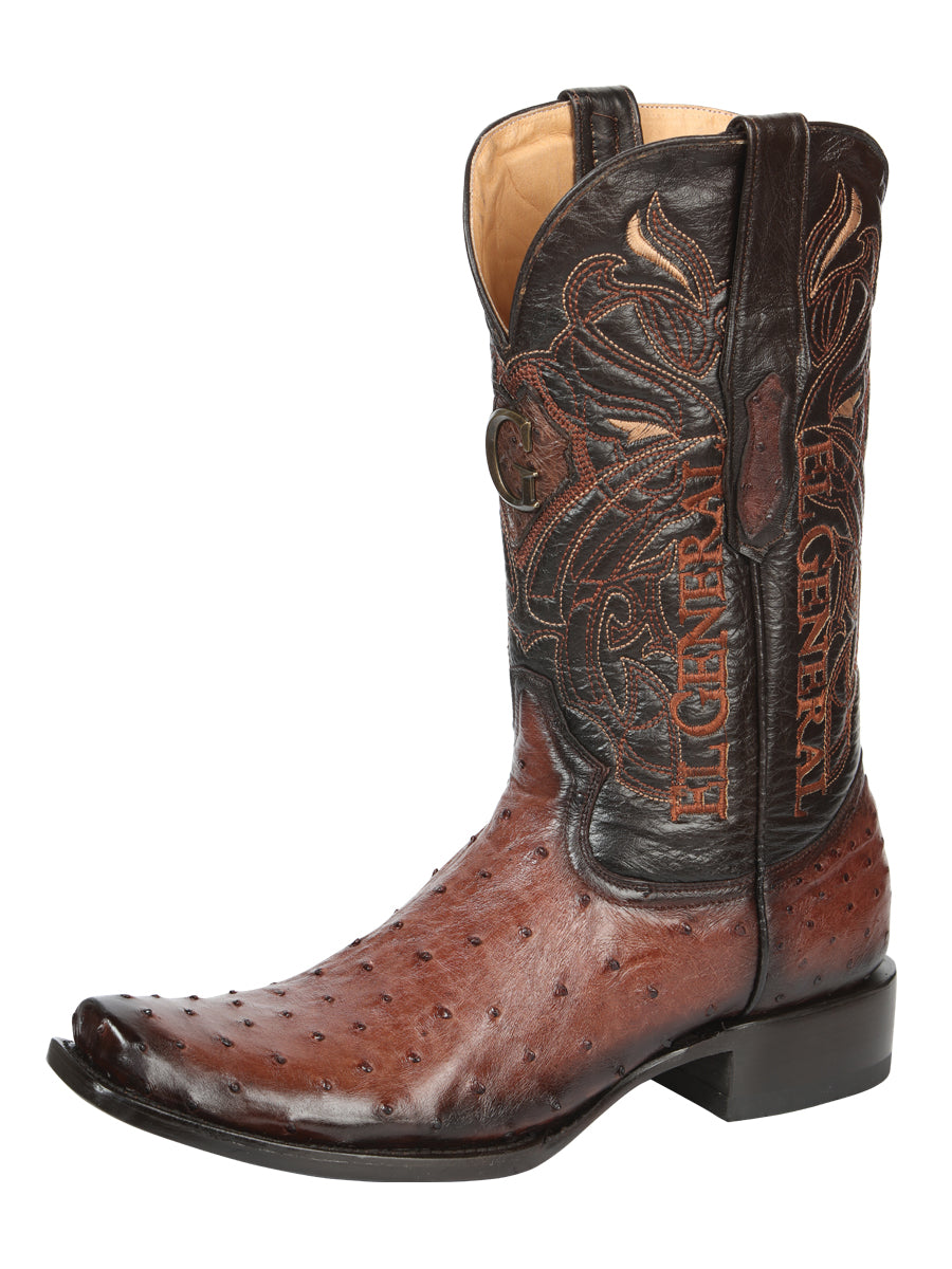El General Men's Exotic Ostrich Leather Cowboy Boots - Brown 45516