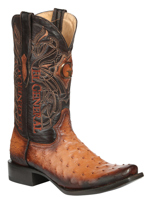 El General Men's Exotic Ostrich Leather Cowboy Boots - Cognac 45517