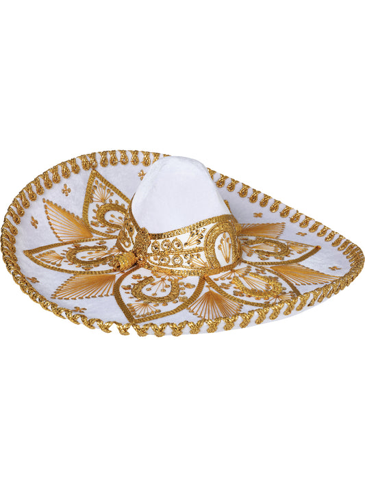 Mexican Charro Hat Velvet White/Gold 600758