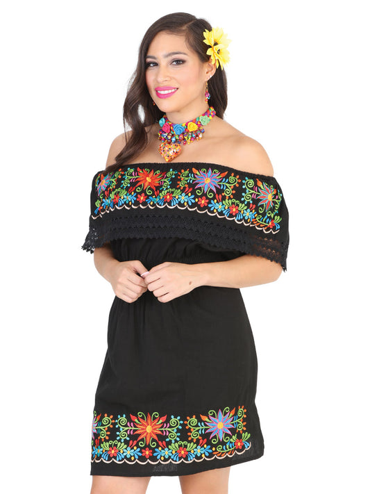 Artisanal Embroidered Dress 100% Cotton Black 602218