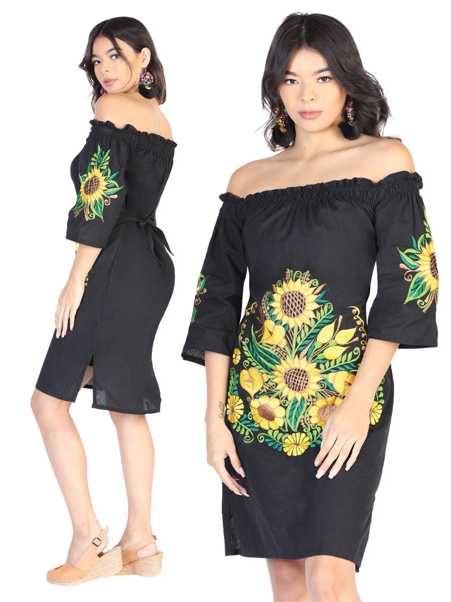 Artisanal Embroidered Dress 100% Cotton Black 602481