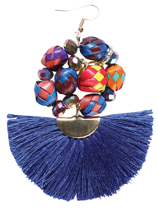 Artisanal Handcrafted Earrings Palm-Silk Thread Royal Blue 602574
