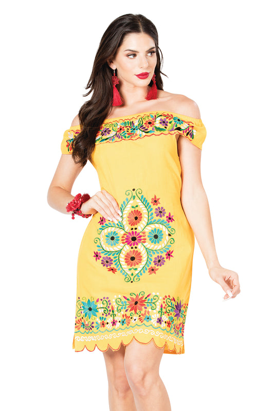 Artisanal Embroidered Dress 100% Cotton Yellow 603087