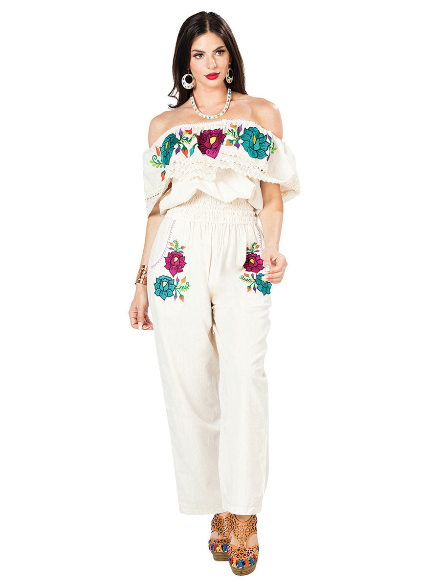 Artisanal Embroidered Jumpsuit 100% Cotton Ivory 603188