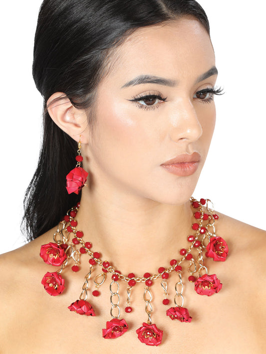 Artisanal Set Earrings-Necklace Palm-Silk Thread Red 603225