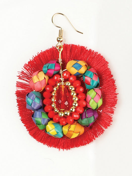 Artisanal Handcrafted Earrings Palm-Silk Thread Red 603249