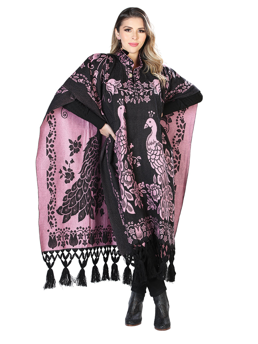 Artisanal Mexican Poncho 92% Acylic, 8% Polyester Black/Pink 603832