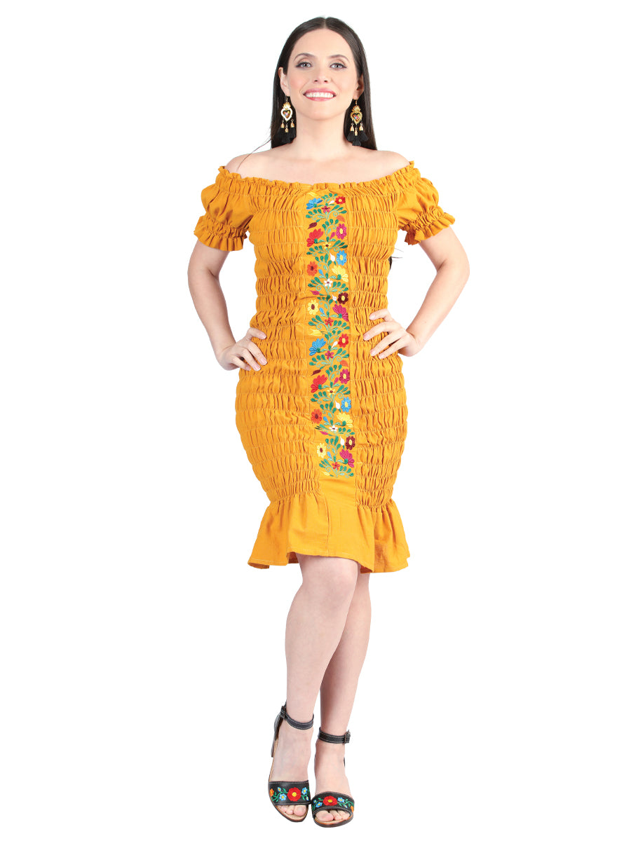 Artisanal Embroidered Dress 100% Cotton Mustard 604008